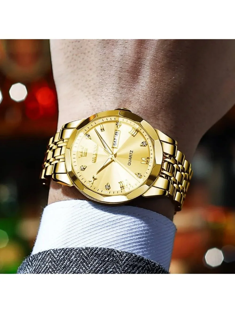 Men's All Gold Diamond Analog Quartz Stainless Waterproof Luminous Round Watch